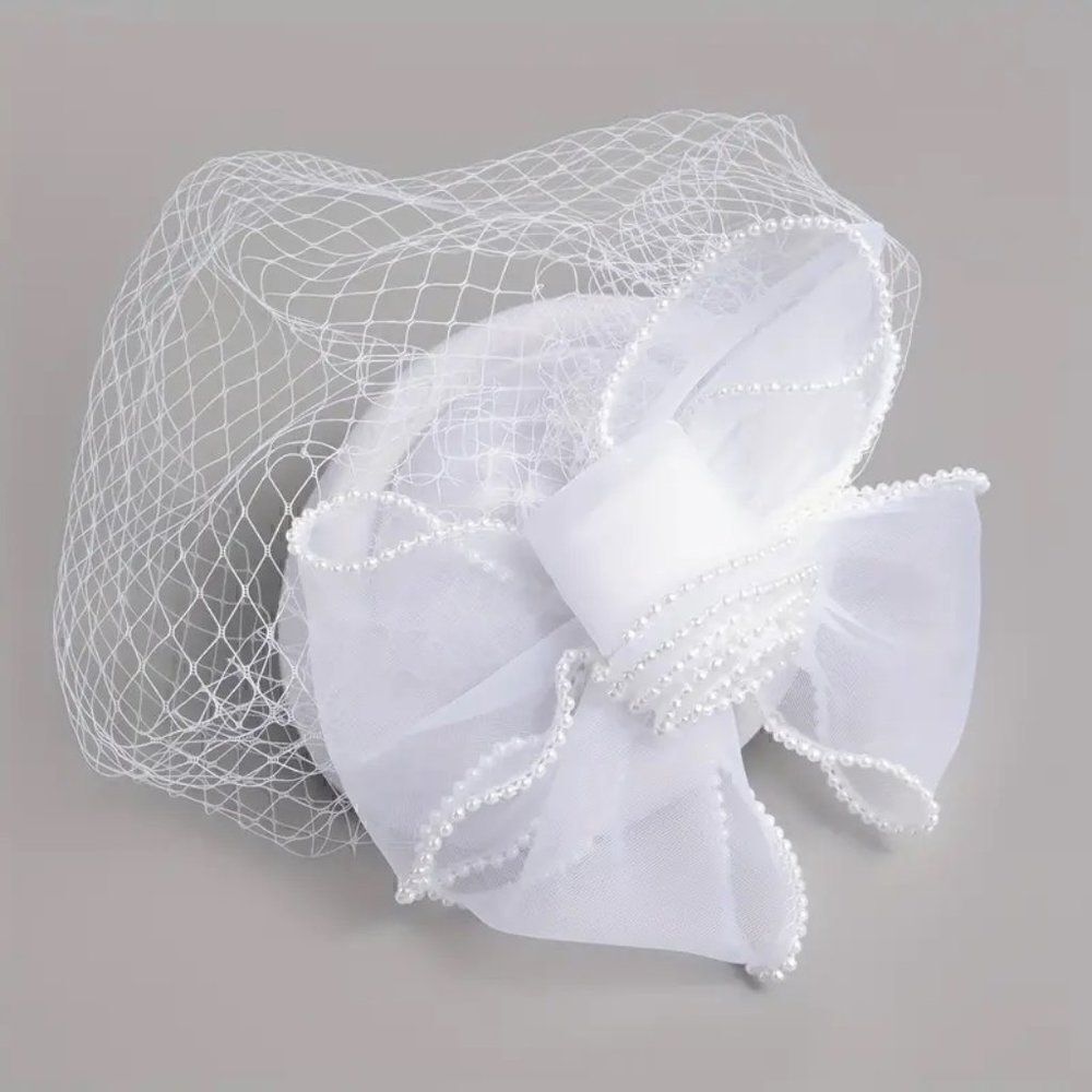 Feather and Polka Dot Fascinator With Lace Gloves For Weddings Dress up and more